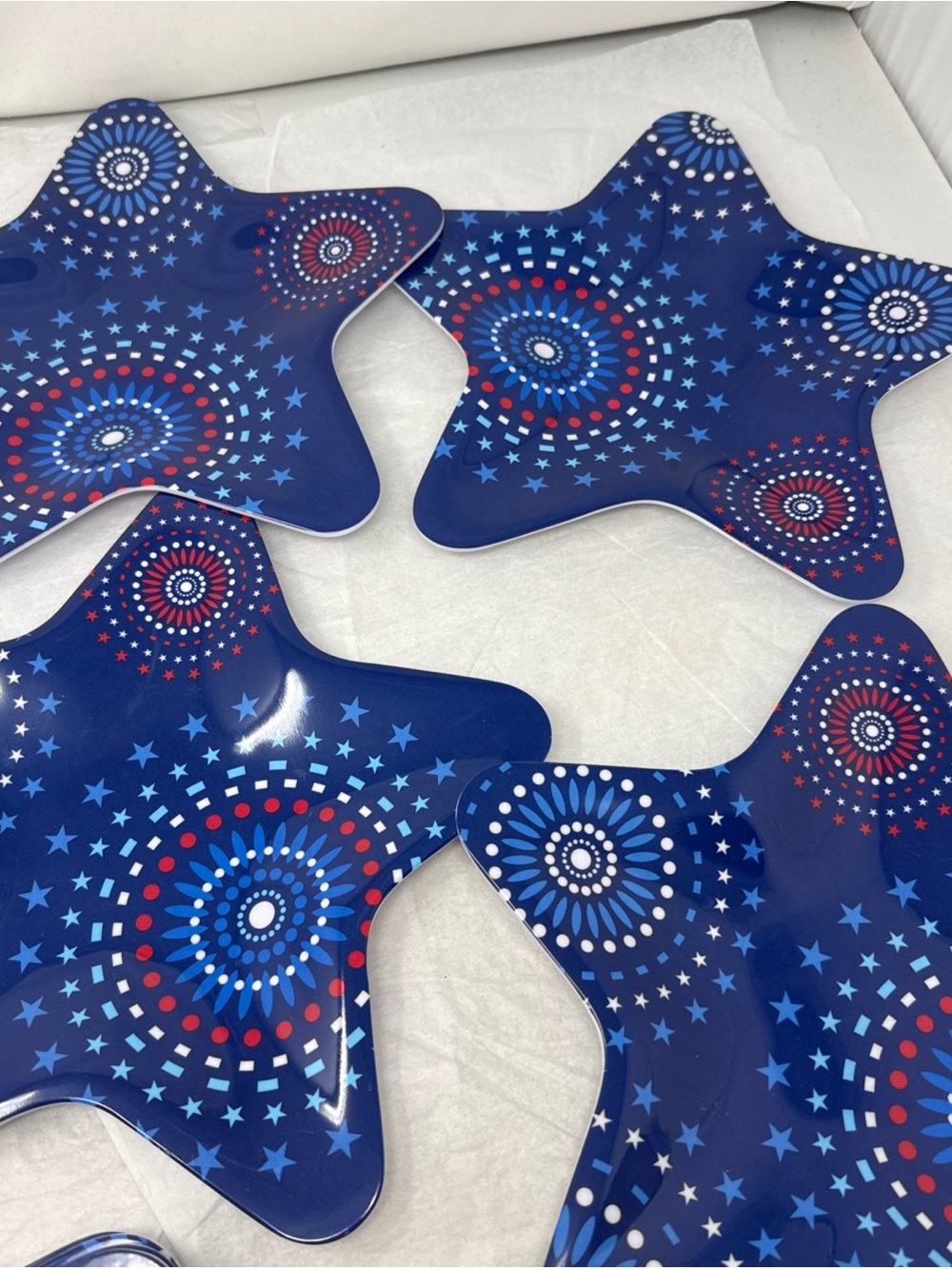 (8) Star Shaped Melamine Plates July 4th Blue Red and White Firework Pattern